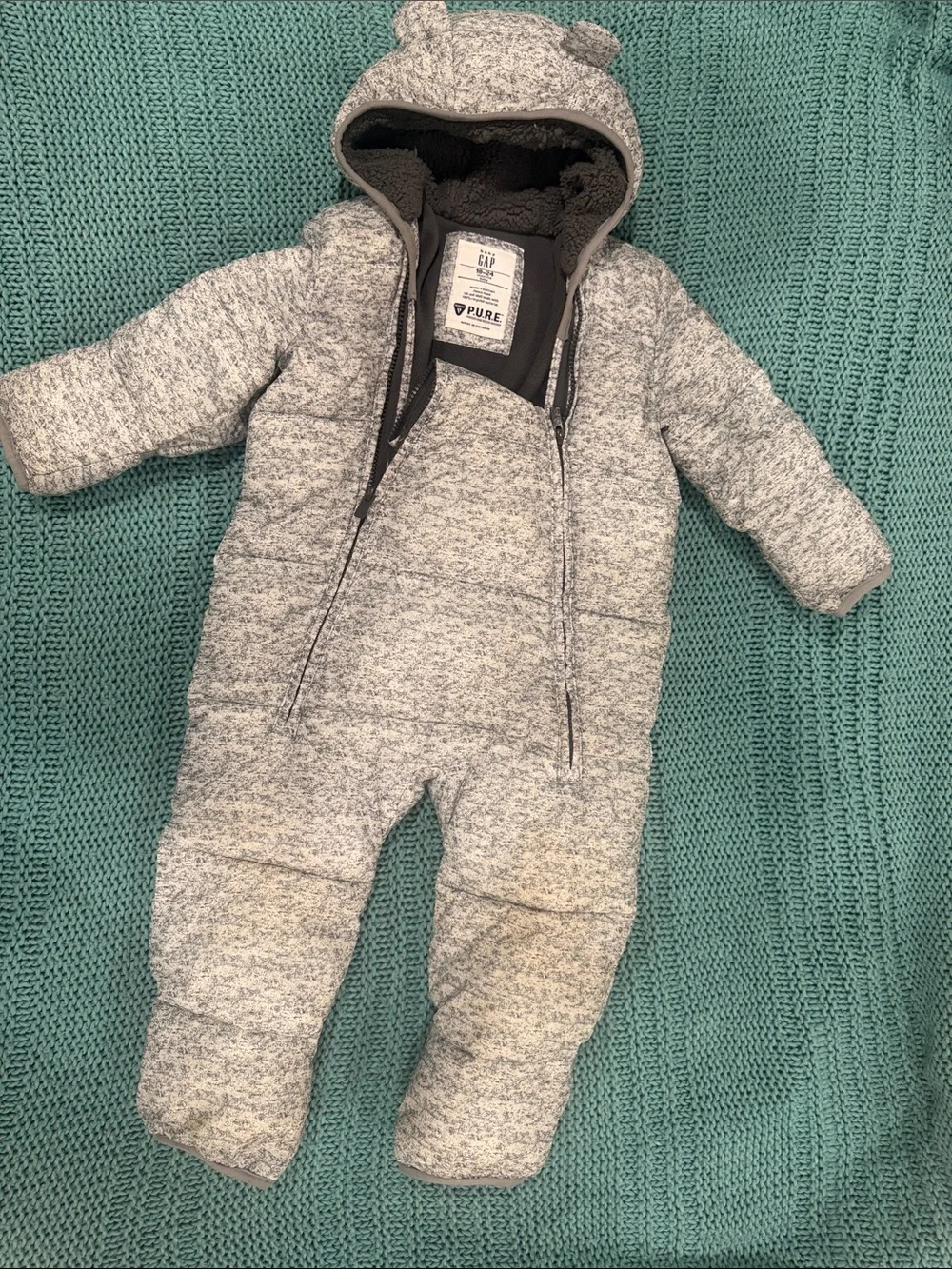 GAP Gray Heathered Puffer Baby One-Piece Snowsuit with Hood